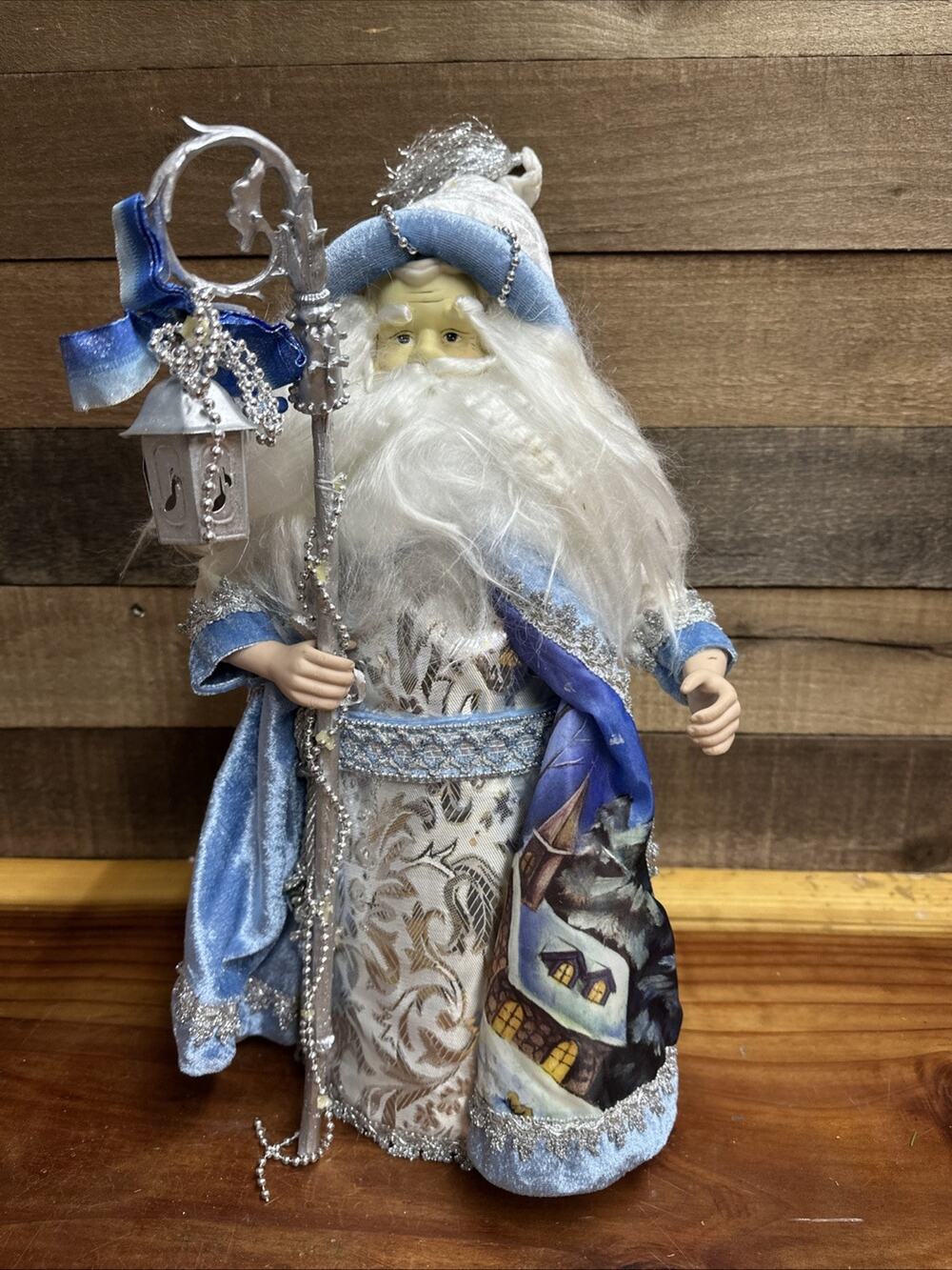 Whimsical Santa Tree Topper Or Table Top In Light Blue And Silver 18”